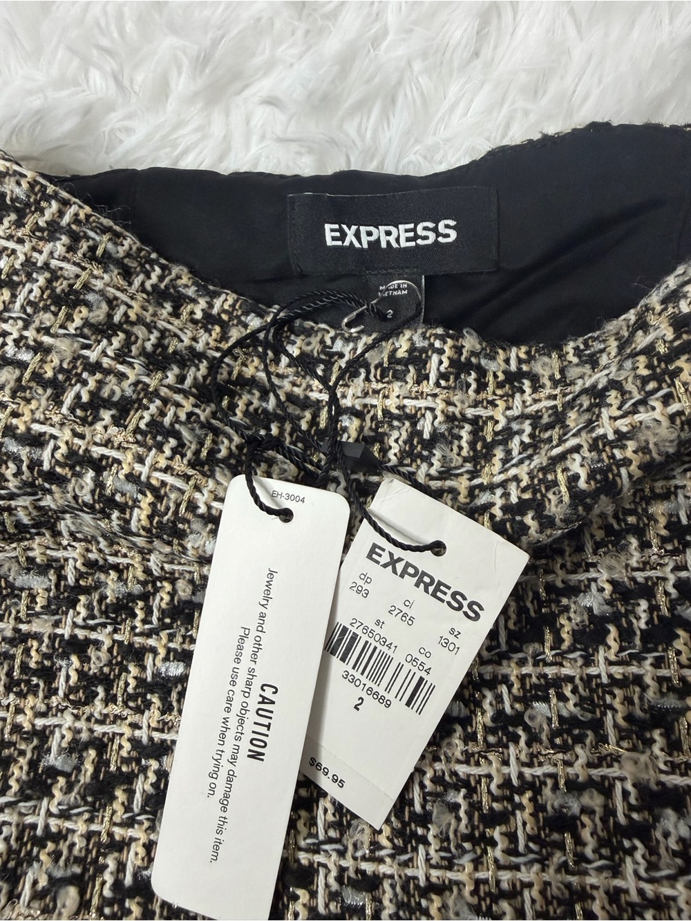 Express Black and Cream Tweed Fringe Mini Skirt - Picture 3 of 5